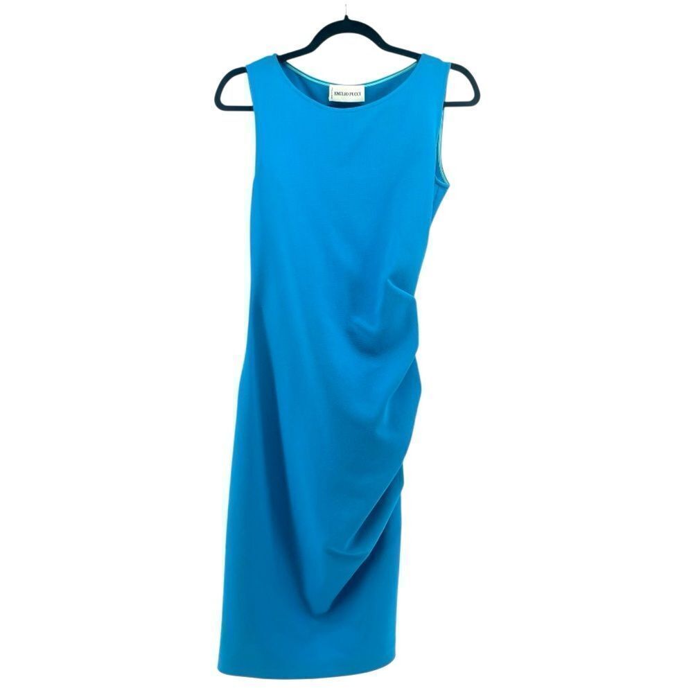 Emilio Pucci Blue Virgin Wool Sleeveless Dress Ruched Zipper Slit Detail Size 8
